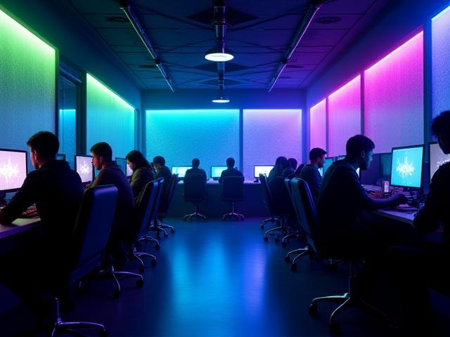 Gaming lounge vidus su daugiau žaidėjų ir neoninėmis šviesomis