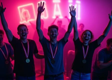 Komanda švenčia pergalę LAN partijoje Žaidimų Namai Gaming Lounge